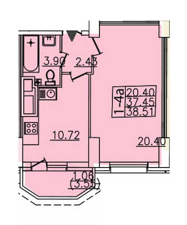 Однокомнатная квартира в : площадь 38.51 м2 , этаж: 15 - 21 – купить в Санкт-Петербурге